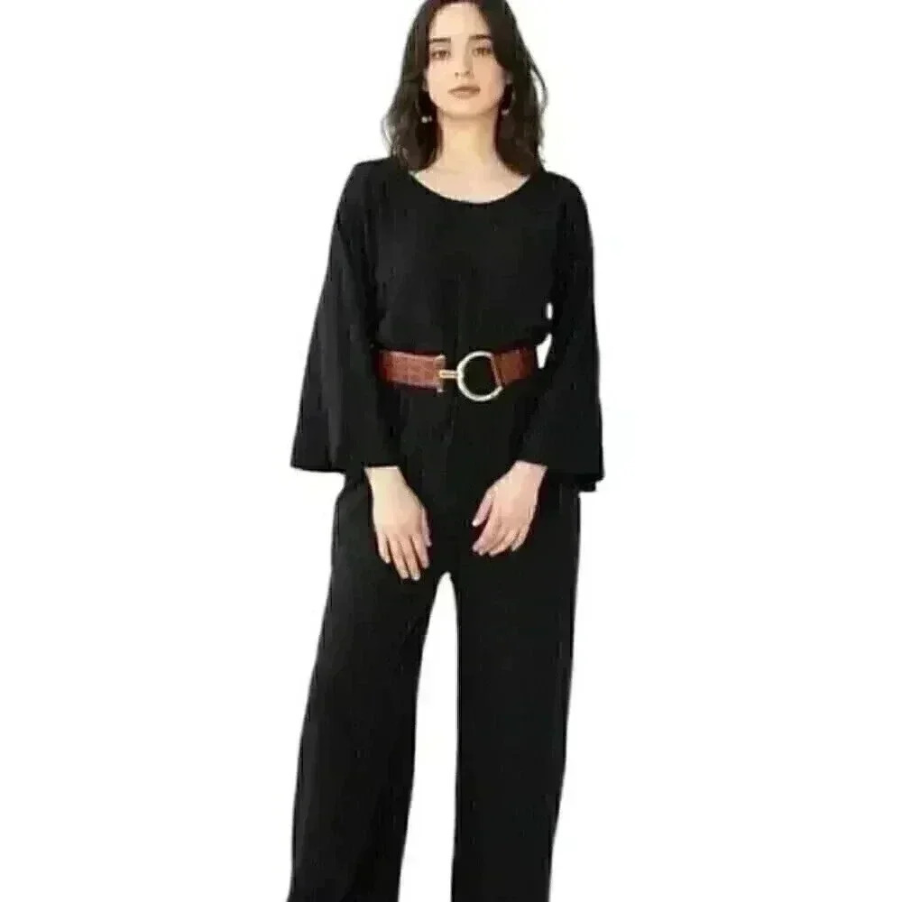 Cura Tomoko Womens XL Black Rayon Blend Bell Sleeve Tie Waist Jumpsuit NWT